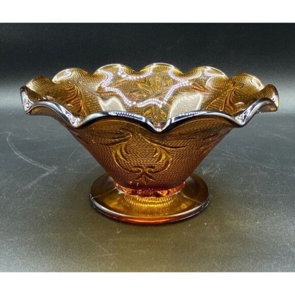 Indiana Glass Tiara Amber Color Ruffled Compote Footed Candy Bowl 3” X 6” - Picture 1 of 12